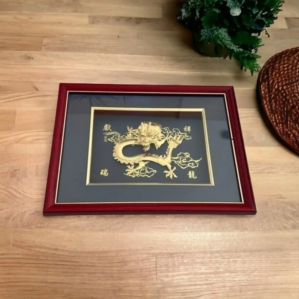 Gold Dragon 3D Framed Inlay Wall Tabletop Decor Chinese Art Feng Shui VG